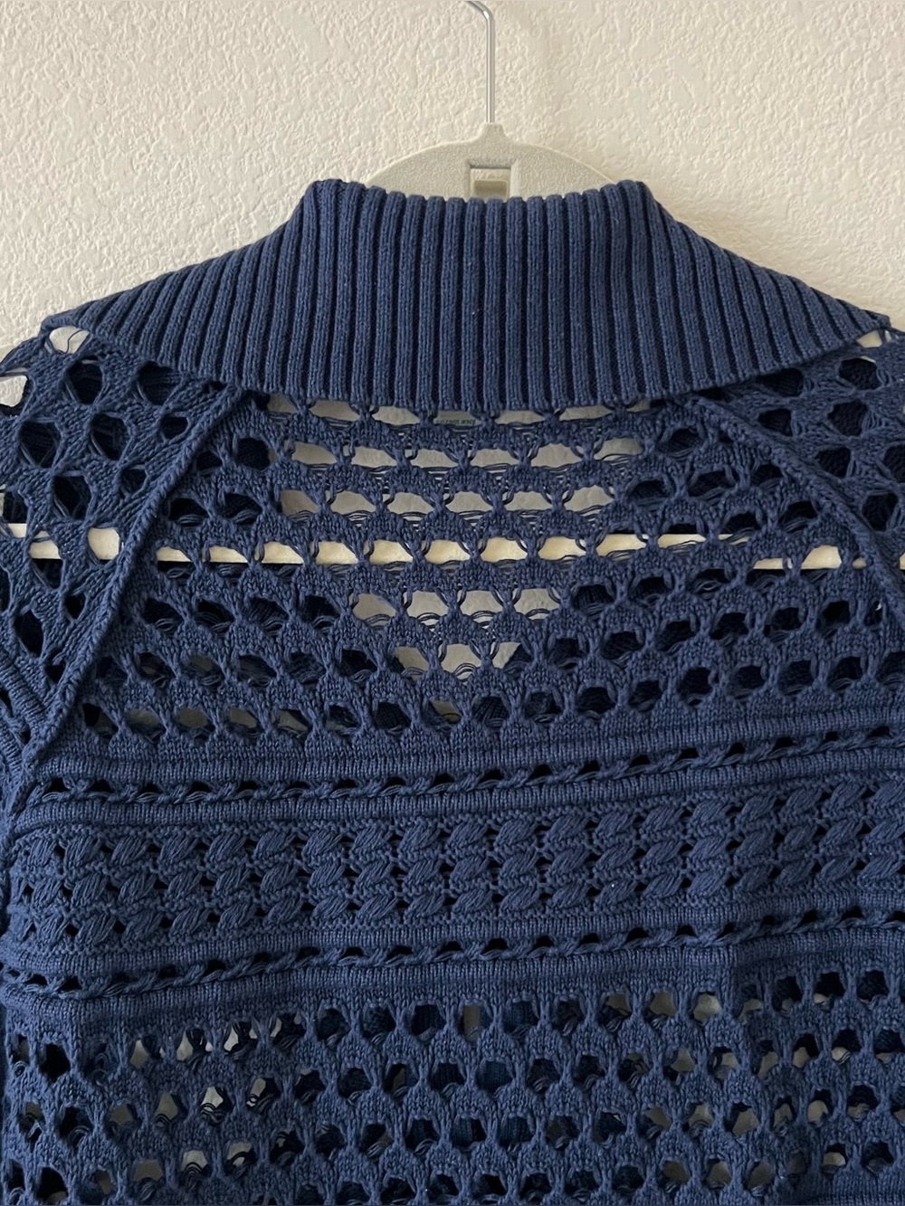 Sundance Crochet Open Knit Polo Top Navy Blue Relaxed Slouchy Sheer Medium - Picture 11 of 15